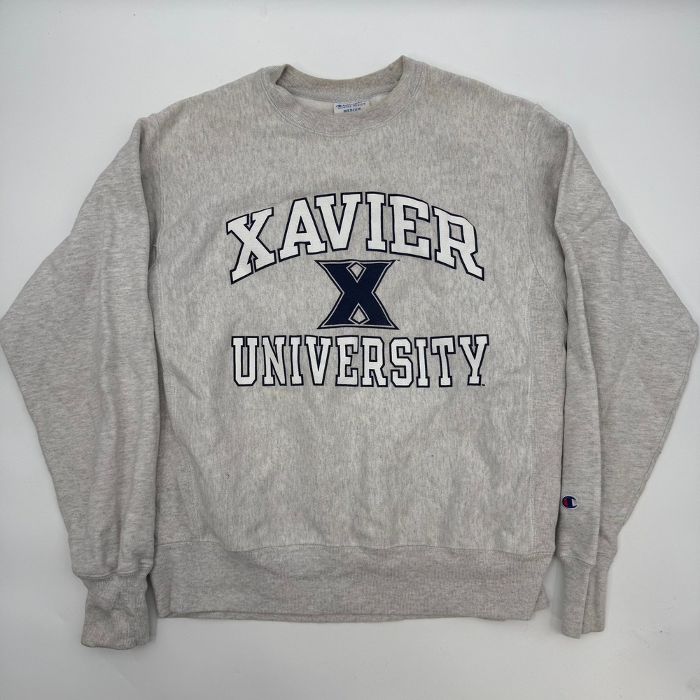 Champion Mens Medium Sweatshirt Gray Xavier University Reverse Weave Crewneck